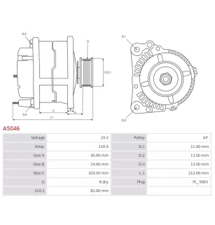 Alternateur 24V 110Amp  AS-PL A5046, CARGO 114880, DELCO 19091003, 19094100, DA1951