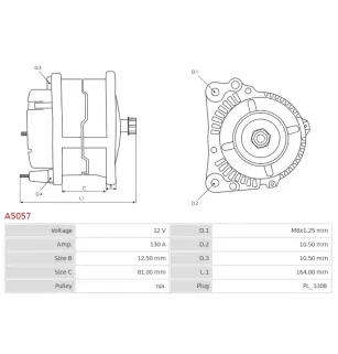 Alternateur 12V 130Amp AS-PL A5057, CARGO 114244, DELCO DRA0432, MITSUBISHI A003TG2681, A003TG2681AE