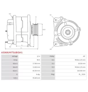 Alternateur 12V 90A Mitsubishi UD100931 0986082430