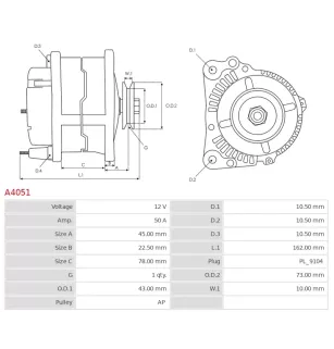 Alternateur 12V 50Amp BOSCH 0986039321, CARGO 111032, DELCO DRA3349, ELMOT 3160200, AA125R