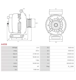 Alternateur 12V 105Amp AS-PL A4058, UD101262A, UD804973(DENSO)A, CARGO 115615, DELCO DA1348