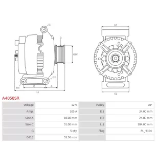 Alternateur 12V 105Amp AS-PL A4058, UD804973(DENSO)A, CARGO 115615, DELCO DA1348, DRA0238