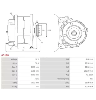 Alternateur 12V 70Amp  AS-PL A5166, UD11292A, BOSCH 0986040561, CARGO 111747, DELCO DRA3209