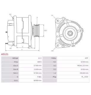 Alternateur 12V 100A Delco A5121 UD11012A