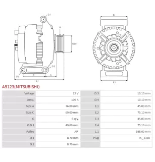 Alternateur 12V 100A Mitsubishi UD100130 DRA1284