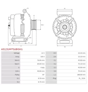 Alternateur 12V 100Amp AS-PL UD100130(MITSUBISHI)A, DELCO DRA1284, MAZDA LF8J, LF8J-18-300, MITSUBISHI A002TJ0791