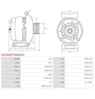 Alternateur 12V 110A Mitsubishi UD100129 DRA1362