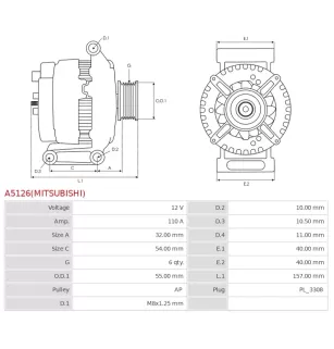 Alternateur 12V 110Amp AS-PL UD100129(MITSUBISHI)A, DELCO DRA1362, MITSUBISHI A002TL0291, A002TL0291A, A002TL0291AM