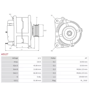 Alternateur 12V 110A Mitsubishi UD11019A PE07-18-300
