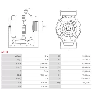 Alternateur 12V 110A Mitsubishi A5128 UD11023A