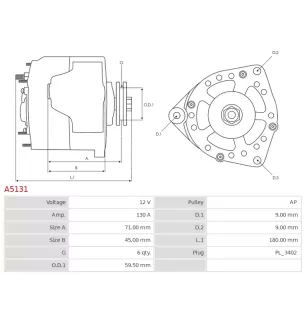 Alternateur 12V 130Amp AS-PL UD11030A, MITSUBISHI A003TJ1691, A3TJ1691, BAXTERS A-1288, ELECTROLOG ALT5501