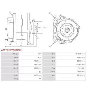 Alternateur 12V 80Amp AS-PL UD100948(MITSUBISHI)A, CARGO 116574, ISKRA / LETRIKA 11.209.712, AAK5962, IA9545