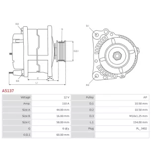 Alternateur 12V 110A Delco A5137 UD11024A