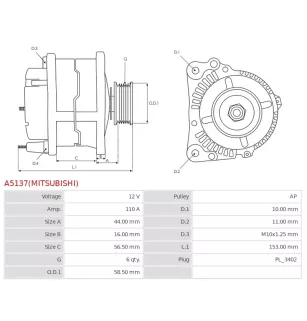 Alternateur 12V 110A Mitsubishi UD100840 DRA1739