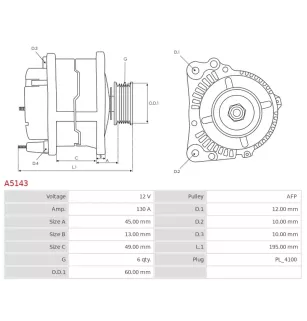 Alternateur 12V 130A Mitsubishi A5143 UD11054A