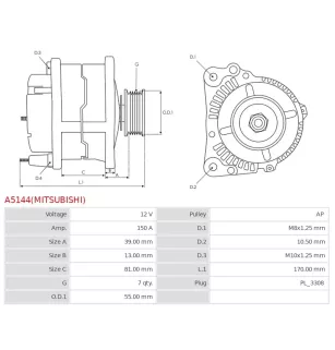 Alternateur 12V 150A Mitsubishi UD100842 A002TX0091