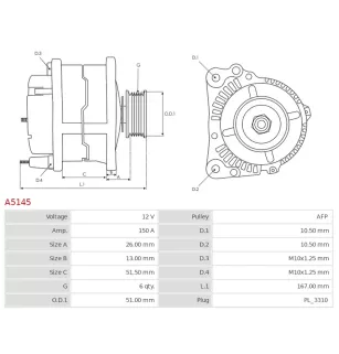 Alternateur 12V 150A Delco A5145 UD11062A