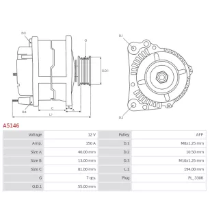 Alternateur 12V 150A Mitsubishi A5146 UD11064A