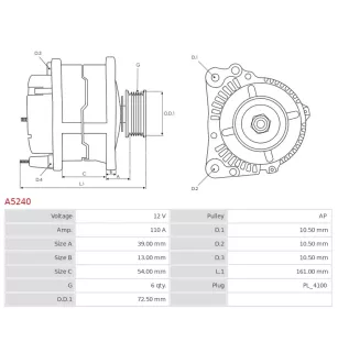 Alternateur 12V 110A Mitsubishi A5240 UD11205A