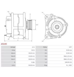 Alternateur 12V 110A Mitsubishi A5245 UD11180A