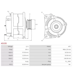 Alternateur 12V 105A Delco A5155 UD30019A