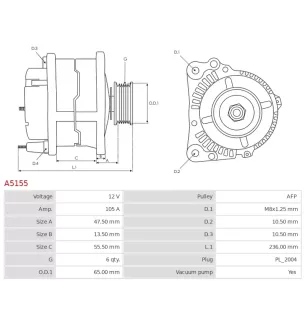 Alternateur 12V 105Amp AS-PL A5155, UD30019A, CARGO 114187