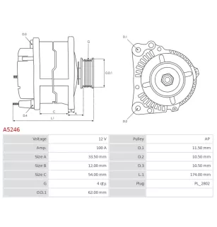Alternateur 12V 100A Cargo A5246 UD11265A