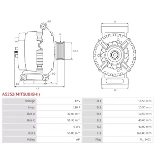 Alternateur 12V 110A Mitsubishi UD100843 A003TG6691