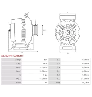 Alternateur 12V 110Amp AS-PL UD100843(MITSUBISHI)A, MITSUBISHI A003TG6691, A003TG6691A, A003TG6691AM, A003TG6691B