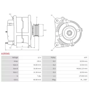 Alternateur 12V 130A Delco A3554S UD19333A