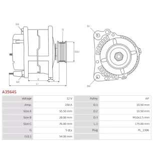 Alternateur 12V 150A Delco A3564S UD19293A