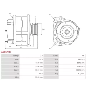 Alternateur 12V 120A Magneti Marelli 0986042151 DRA3784