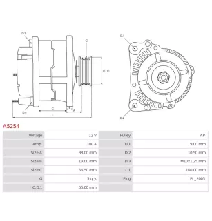 Alternateur 12V 100A Delco A5254 UD11198A