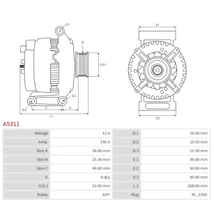 Alternateur 12V 140A Mitsubishi UD11053A A002TX1381
