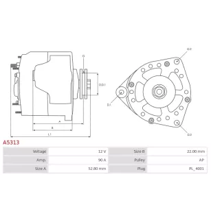 Alternateur 12V 90Amp  AS-PL UD11238A, DELCO 12013, DENSO 101211-9310, 101211-9330, 9761219-931