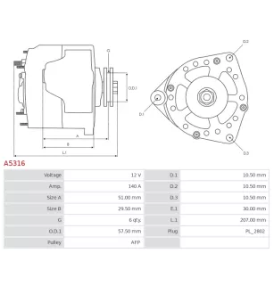 Alternateur 12V 140A A5316 UD11040A