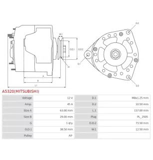 Alternateur 12V 45Amp AS-PL UD19989(MITSUBISHI)A, CARGO 116109, ISKRA / LETRIKA 11.209.707, AAG5187, IA9550