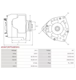 Alternateur 24V 120Amp AS-PL UD14555(MITSUBISHI)A, DELCO DRA1113, DEUTZ 01183118KZ, 01183126, 01183126KZ