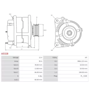Alternateur 12V 95Amp  AS-PL UD11007A, MITSUBISHI 1800A311, A005TL0291, A005TL0291AM, A005TL0291ZT