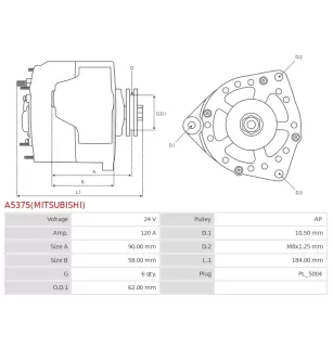 Alternateur 24V 120Amp AS-PL UD14567(MITSUBISHI)A, DELCO DRA1424, IVECO 504254440, MITSUBISHI A004TR5794, A004TR5794AM