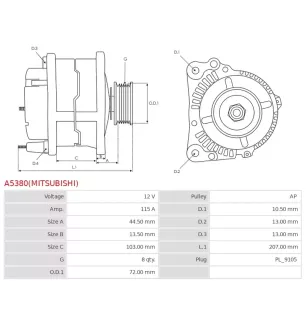 Alternateur 12V 115A Mitsubishi UD14557 DRA1115