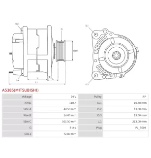 Alternateur 24V 110Amp AS-PL UD14566(MITSUBISHI)A, MITSUBISHI A004TR5592, A004TR5592AM, A004TR5592ZT, A4TR5592