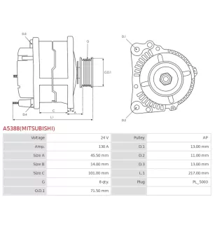 Alternateur 24V 130A Mitsubishi DRA1658 A004TR6291