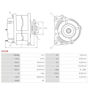 Alternateur 12V 110Amp AS-PL UD11184A, CARGO 114489, DELCO DRA0595, HELLA 8EL738211-371, MAGNETI MARELLI 944390903600