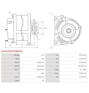 Alternateur 12V 75Amp AS-PL UD14560(MITSUBISHI)A, DELCO DA2796, DRA1686, MITSUBISHI A003TR0188, A003TR0188ZT