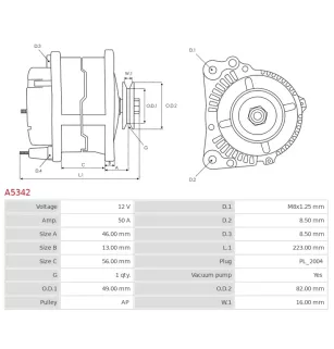 Alternateur 12V 50Amp AS-PL A5342, UD12513A, BOSCH 0986042241, CARGO 111240, DELCO DRA3316