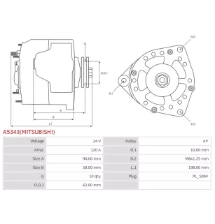 Alternateur 24V 120Amp AS-PL UD14568(MITSUBISHI)A, CARGO 115798, DELCO 19094107, DA2533, DRA1423