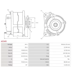 Alternateur 24V 35Amp  AS-PL A5345, UD11290A, CARGO 114457, DELCO DRA0465, MITSUBISHI 32B68-00200