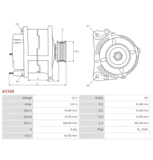Alternateur 12V 115A Mitsubishi A5348 UD12295A