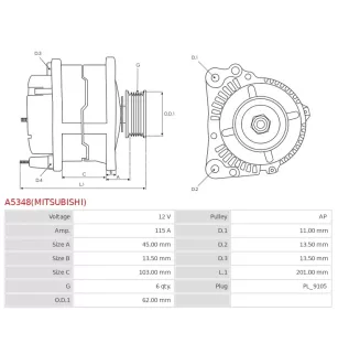 Alternateur 12V 115A Mitsubishi UD14556 113971